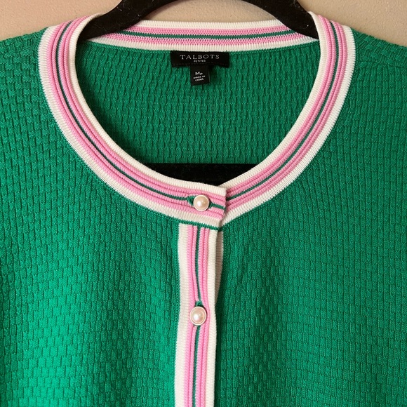 Talbots Kelly Green Sweater Cardigan PinkWhite Trim Pearl Buttons Barbie Core MP - Picture 4 of 14
